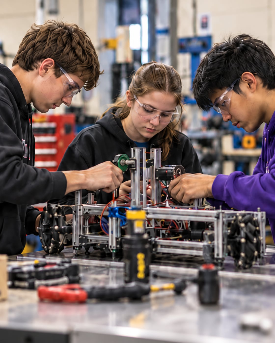 Illustrative image of three students wearing safety glasses and collaborating on a robot in a workshop.